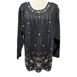 Yarnworks Vintage Beaded Floral Tunic Sweater Size 20W Rhinestones Event Retro
